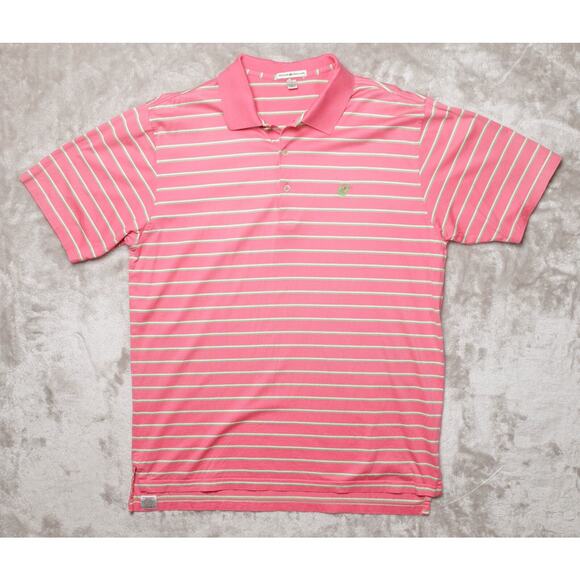 Peter Millar Coral Pink Green White Striped Short Sleeve Polo Mens Size L - Picture 1 of 12